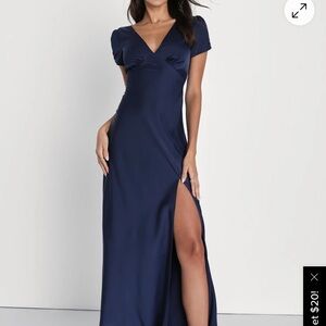 Epitome of Romance Navy Blue Satin Puff Sleeve Maxi Dress